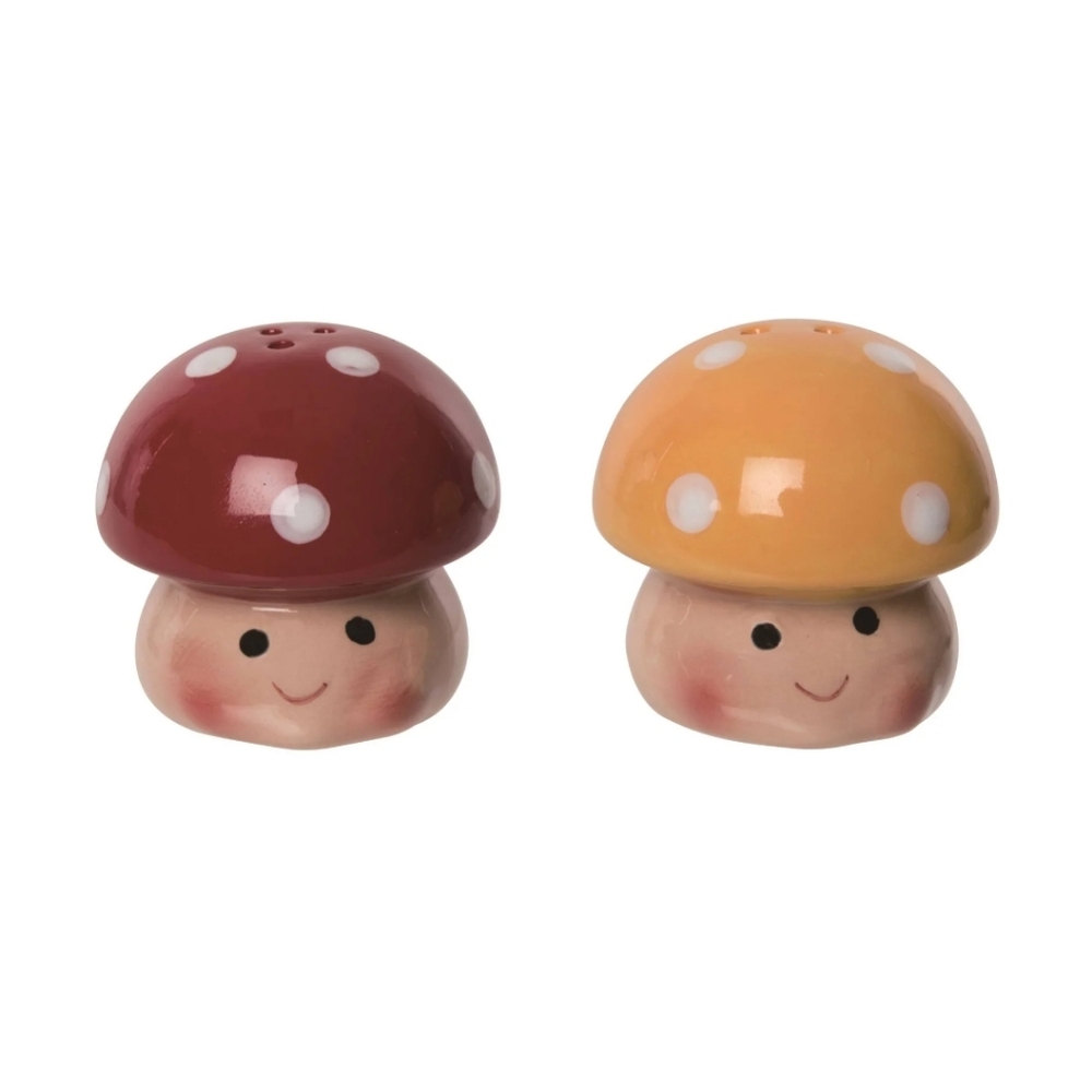 Happy Mushroom Ceramic Salt and Pepper Shaker Set 4 Inches BNWT 1 Left!